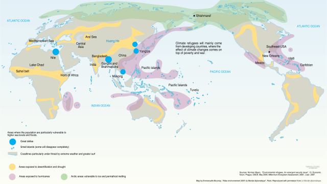 El mapa de las posibles zonas de gran afectacion climatica de la UNEP de 2005. Observe que la mayor area de afectacion es Asia Pacifico